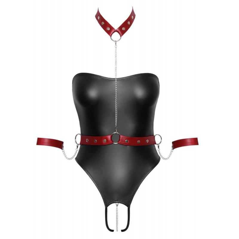 Cottelli Bondage - fényes body karrögzítőkkel (fekete-piros) 80283 termék bemutató kép